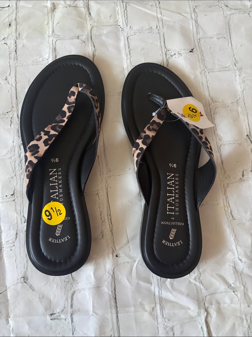 Italian Shoemakers Black Flip Flop Sandals with Leopard-Print Straps